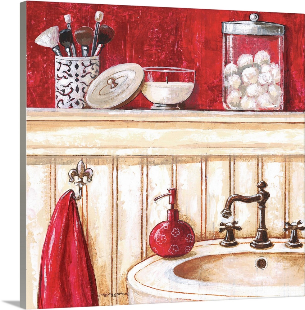 Square painting of a red, brown, and cream bathroom setting.
