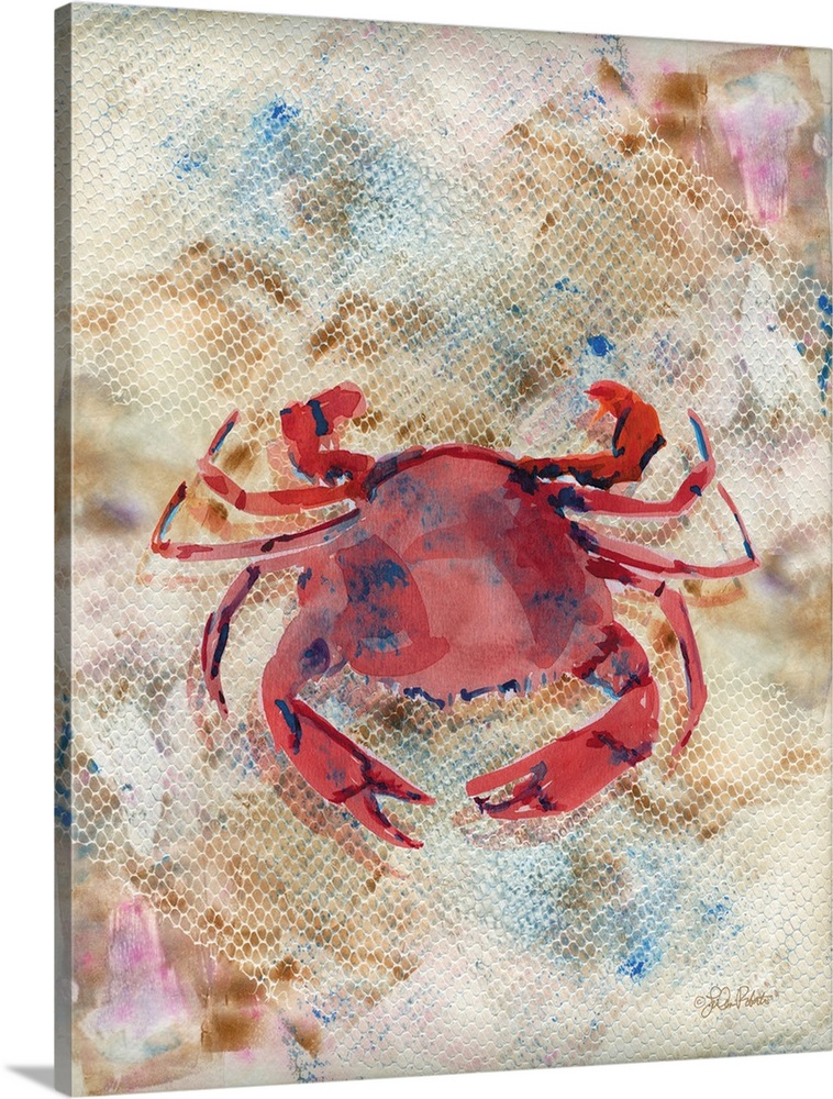Watercolor painting of a crab with blue spots on a textured white, brown, blue, and pink background.