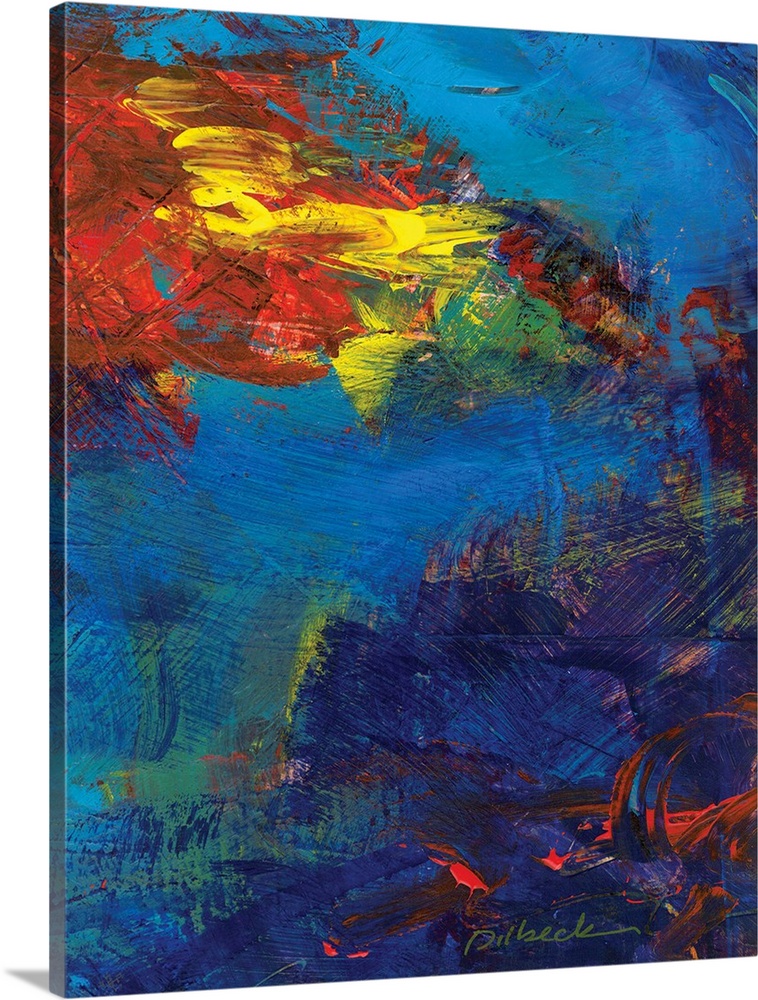 Abstract painting in shades of blue with bright pops of red and yellow on top.