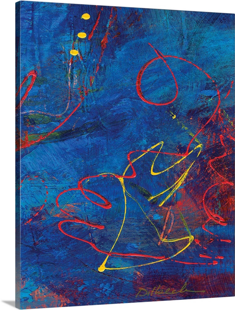 Abstract painting in shades of blue with bright red and yellow swirly line designs on top creating movement.