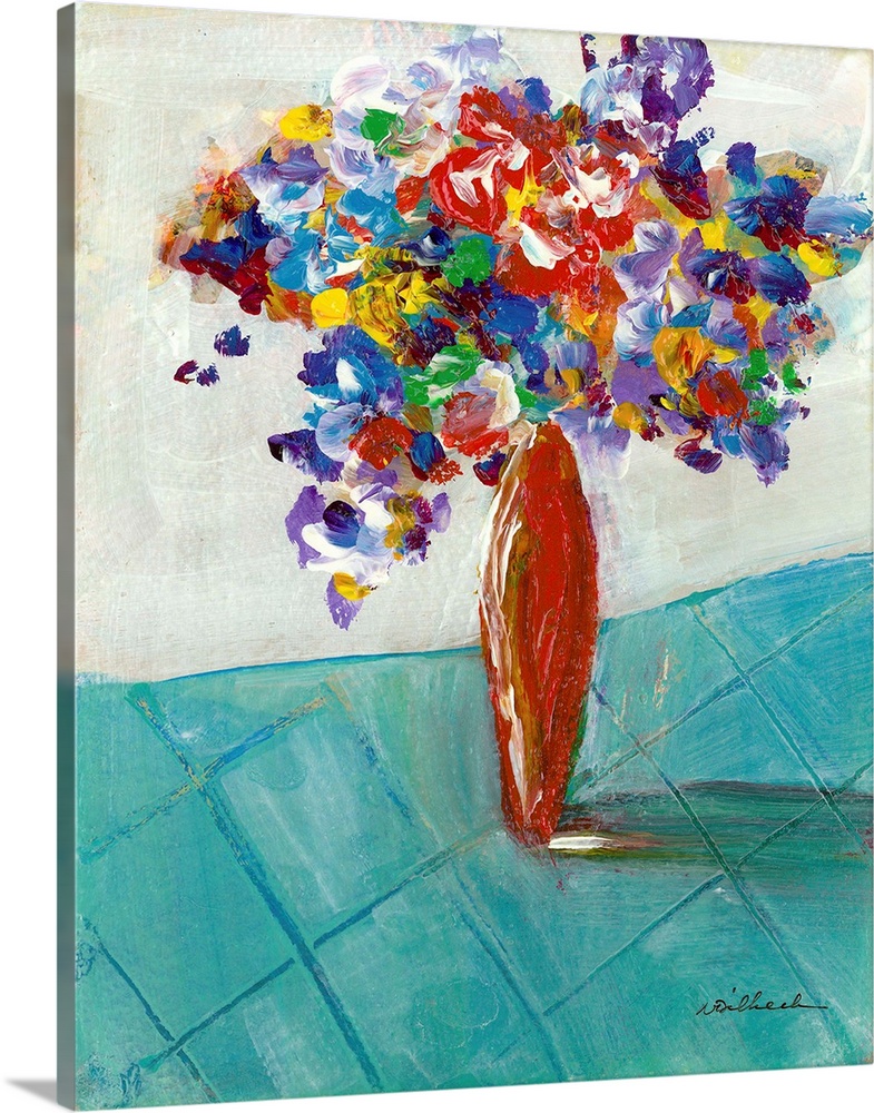 Contemporary painting of an abstract floral arrangement in a red vase on a teal table.