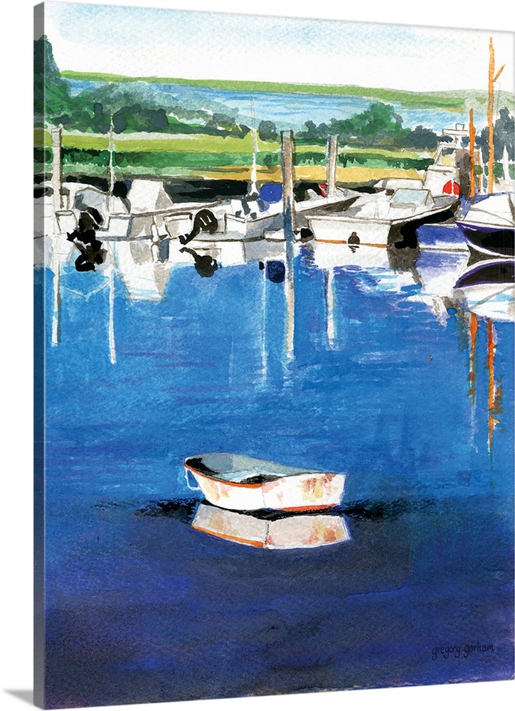 Contemporary watercolor painting of boats docked in a harbor.