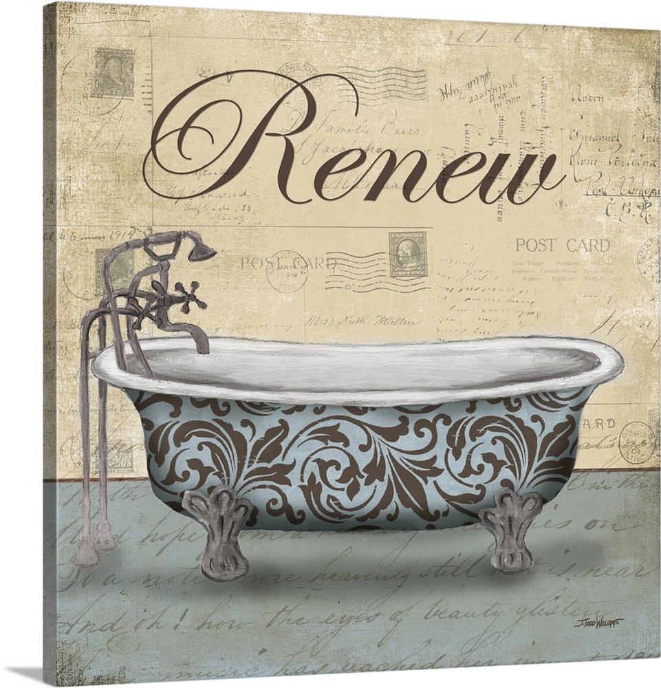 Powder blue, tan, and brown bath decor with a painting of a claw foot bathtub decorated in paisley designs and "Renew" wri...