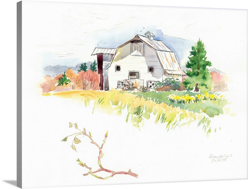 Watercolor landscape painting of a white barn with beautiful scenery.