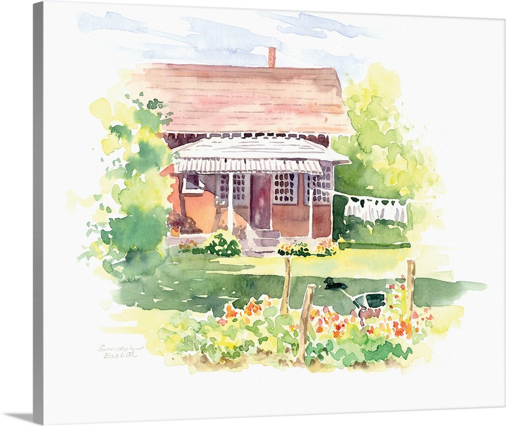 Contemporary watercolor painting of a cottage with laundry hanging on a line in the front yard and a colorful garden.