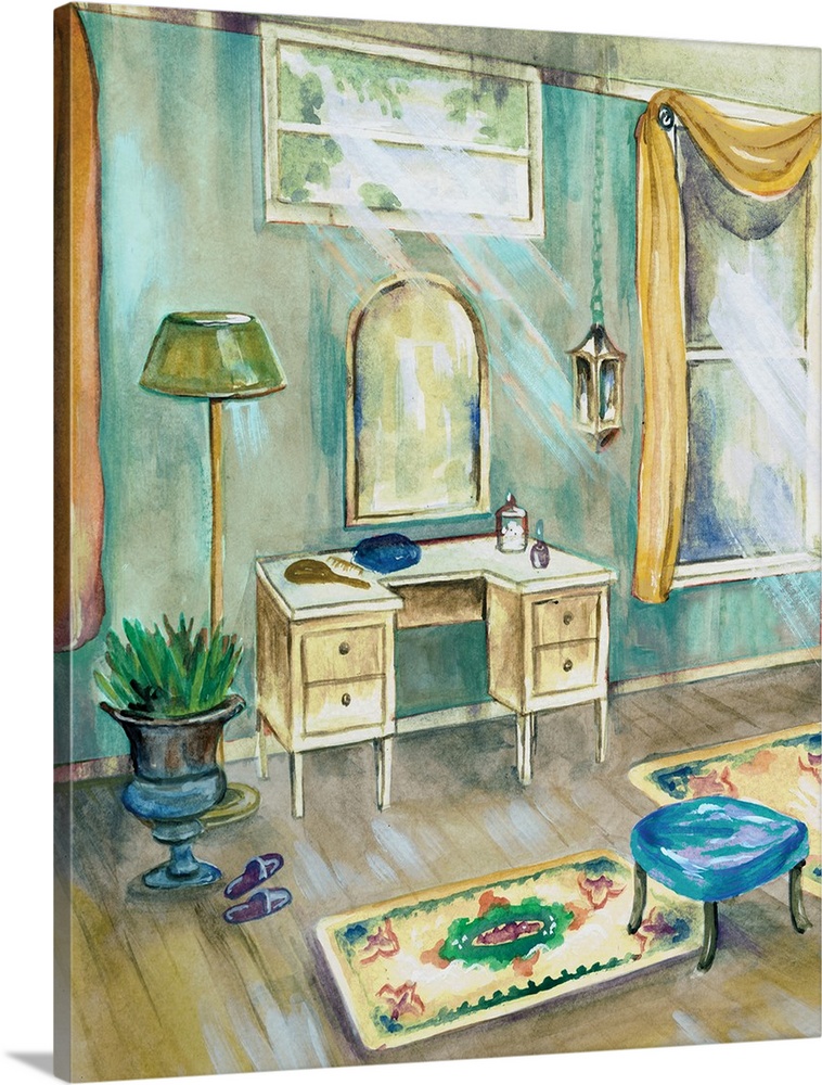 Interior painting of a vanity in a robin's egg colored bathroom.