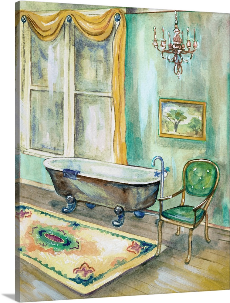 Interior painting of a clawfoot bathtub and chandelier in a robin's egg colored bathroom.