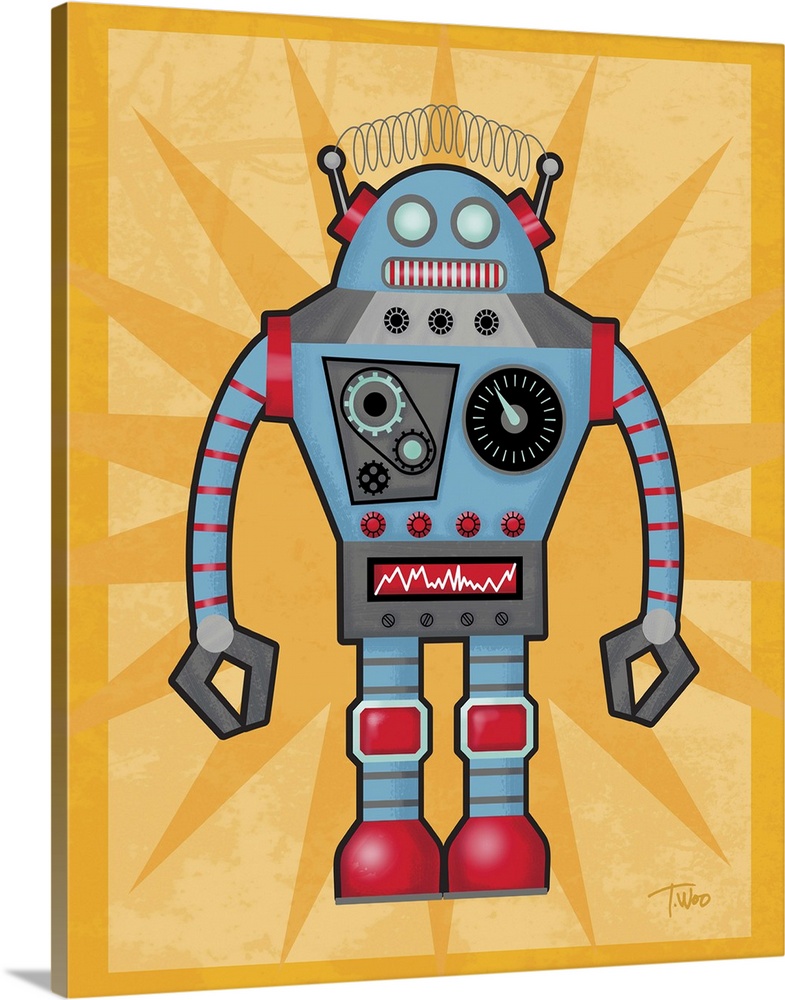 Fun illustration of a red and blue robot on a yellow background.