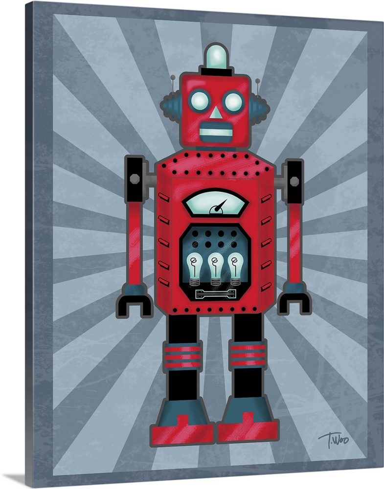 Fun illustration of a red, black, and blue robot on a blue-gray background.