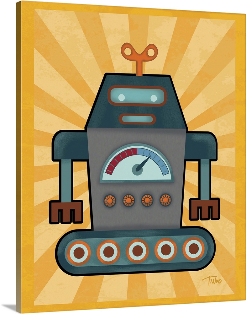 Fun illustration of a blue, orange, and gray robot on a yellow background.