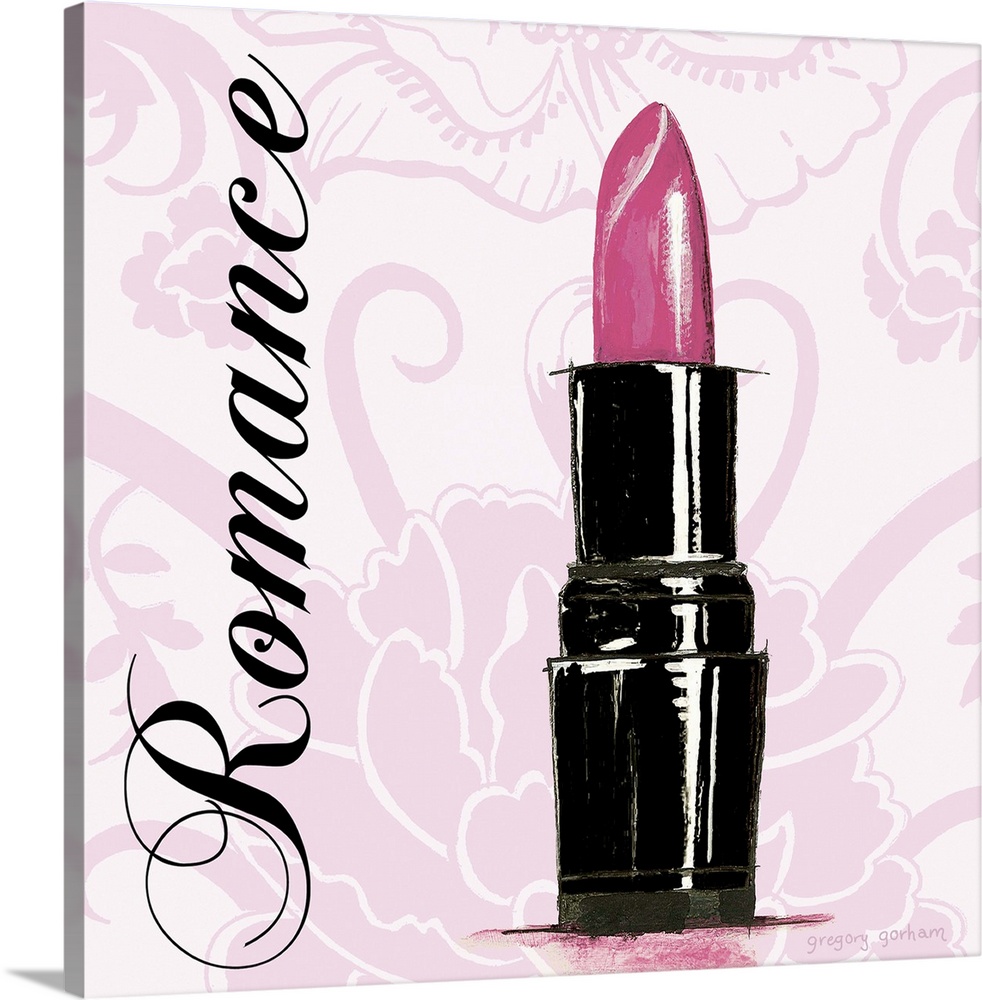 Decorative square art with a pink floral background and an illustration of a tube of lipstick with the word "Romance" writ...