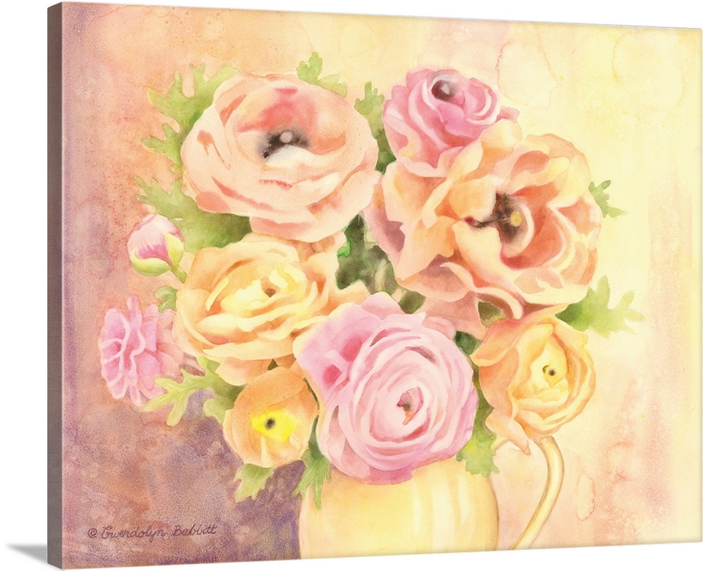 Contemporary watercolor painting of a yellow pitcher holding a bouquet of pink and orange roses.