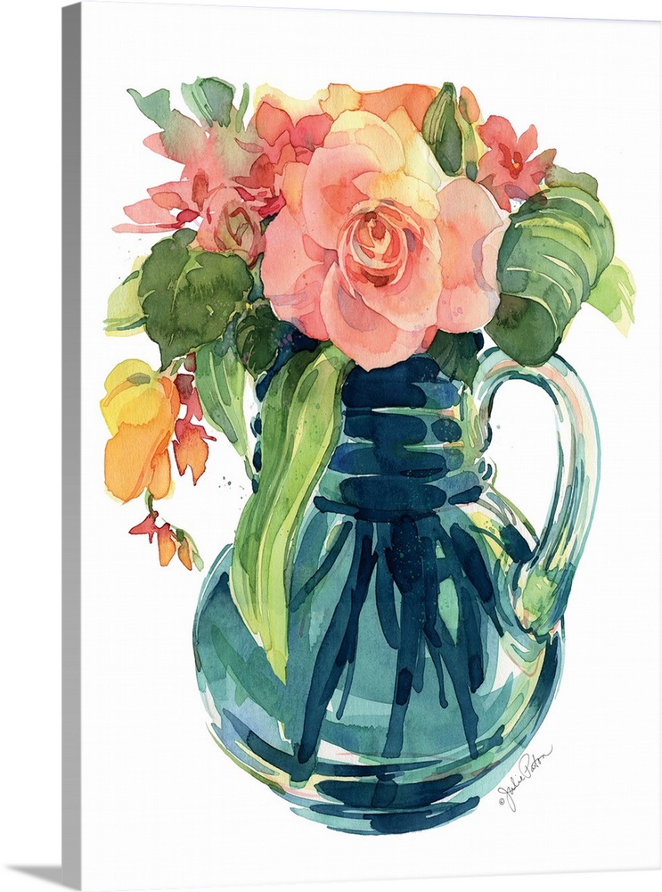 Contemporary painting of a bouquet of pink roses in a glass vase.
