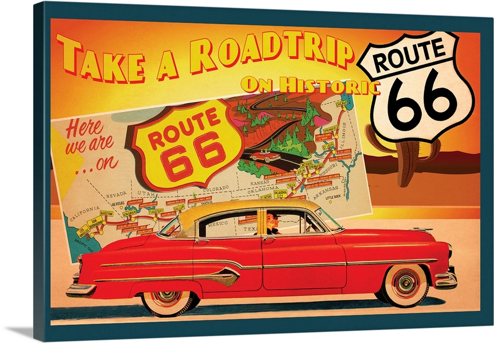 Vintage illustrated poster advertising a road trip on Route 66.