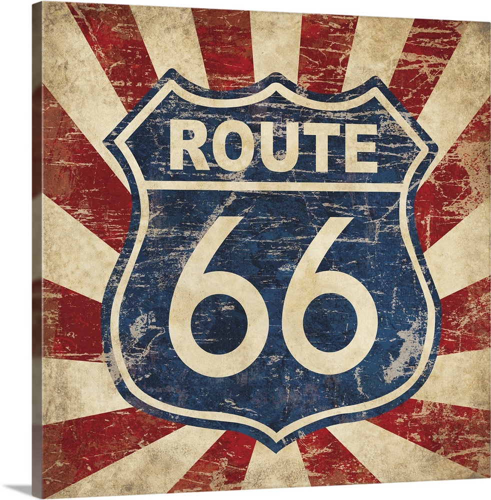 Vintage blue Route 66 sign with a red and tan lined background.