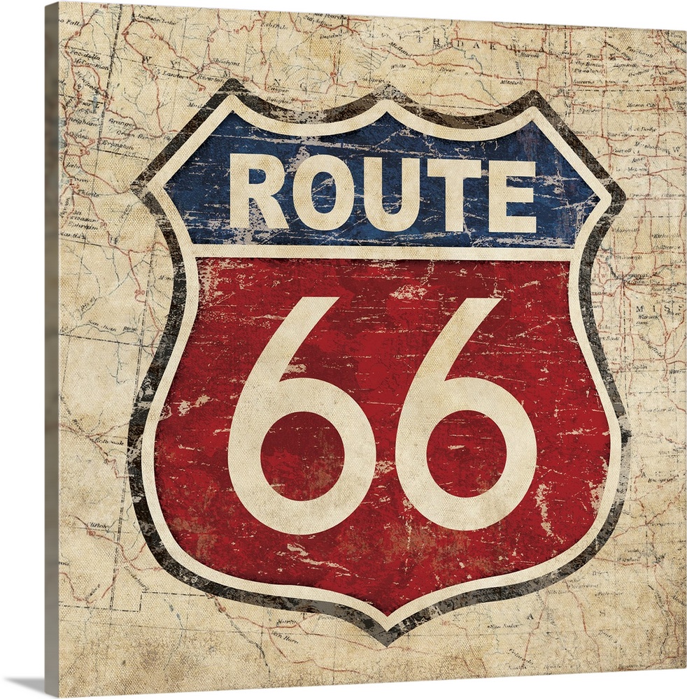 Vintage red and blue Route 66 sign with an old map on the background.