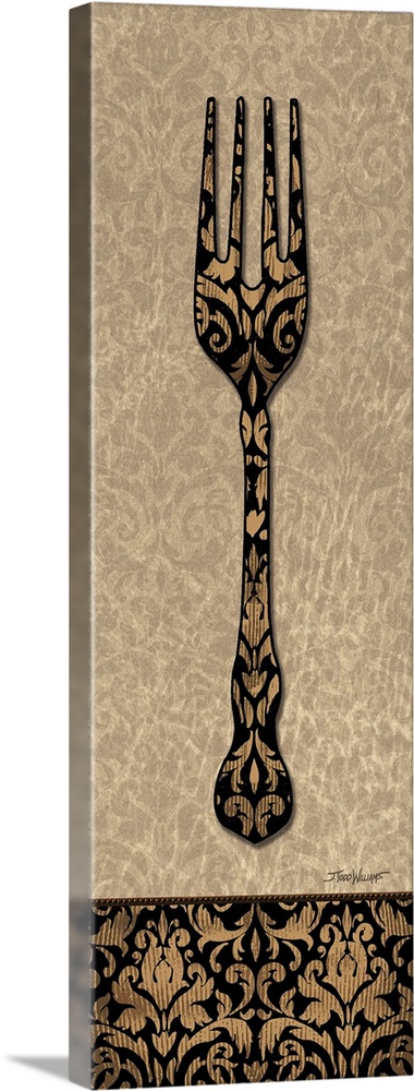 Home decor in brown, black, and gold tones with an illustration of a salad fork with a paisley design.