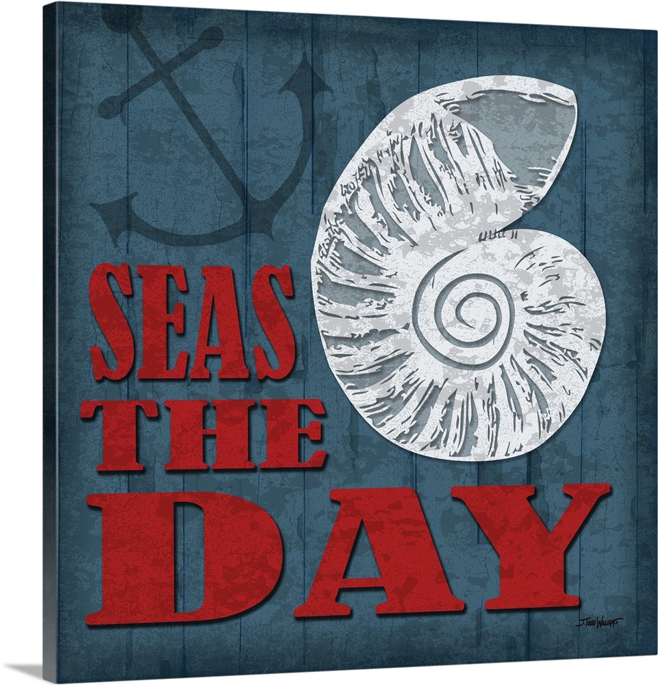 "Seas the day" square beach decor in blue, red, and white.