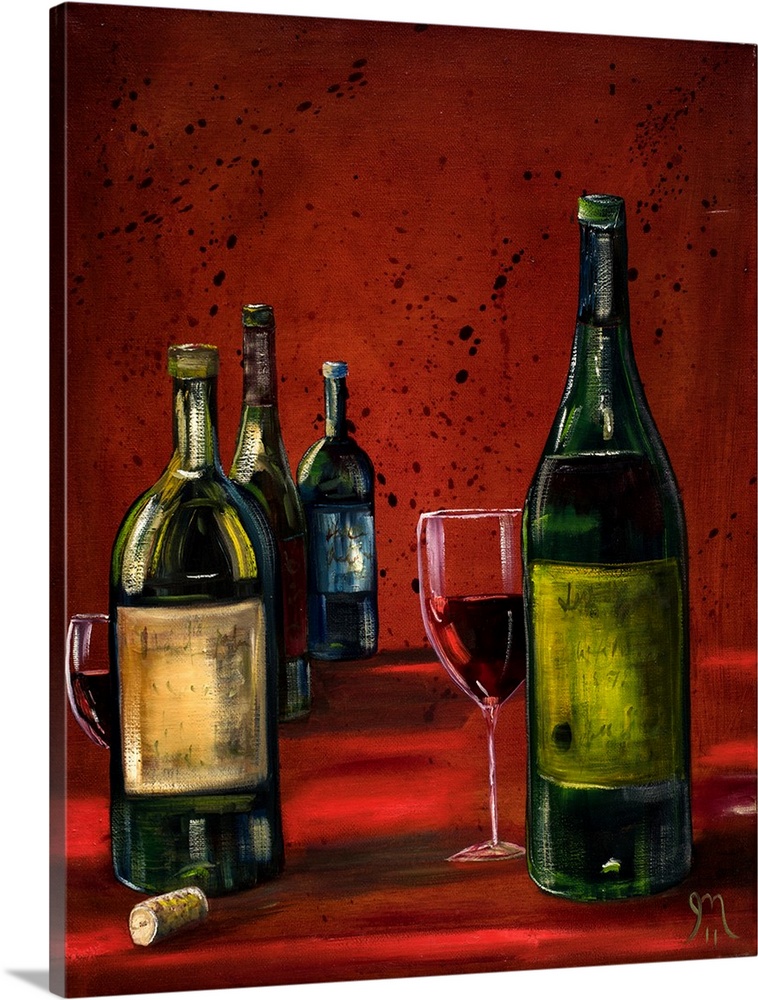 Contemporary painting of wine bottles and two glasses of red wine on a red background with paint splatter.