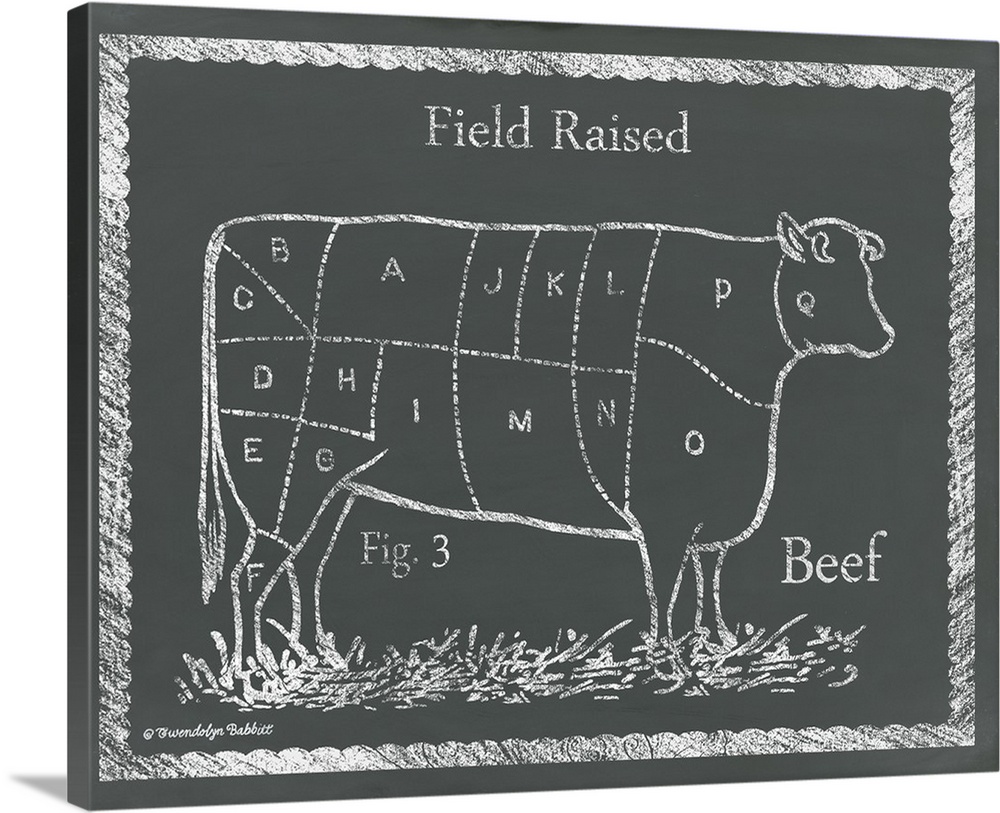 Chalkboard illustration of a cow with alphabetical sections drawn into it and "Field Raised Beef" written around it.