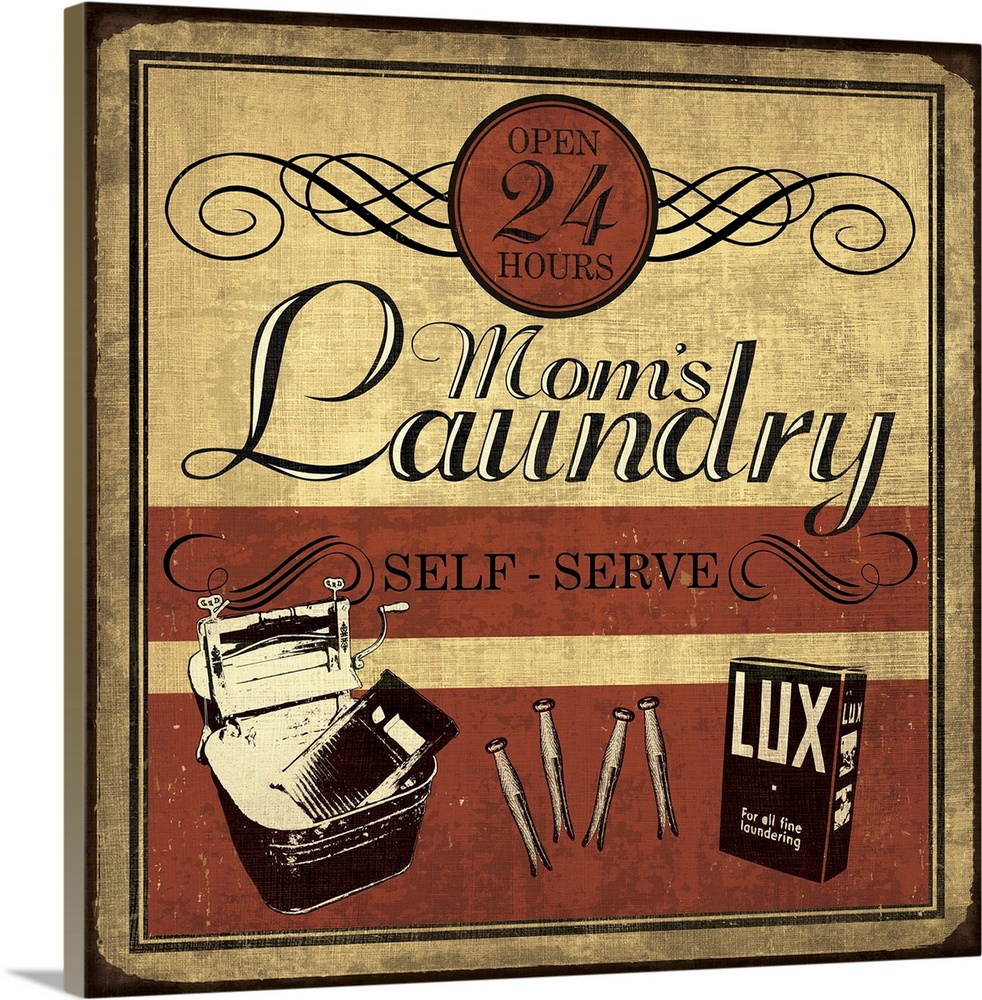 Vintage "Mom's Laundry" sign in red, black, and cream.