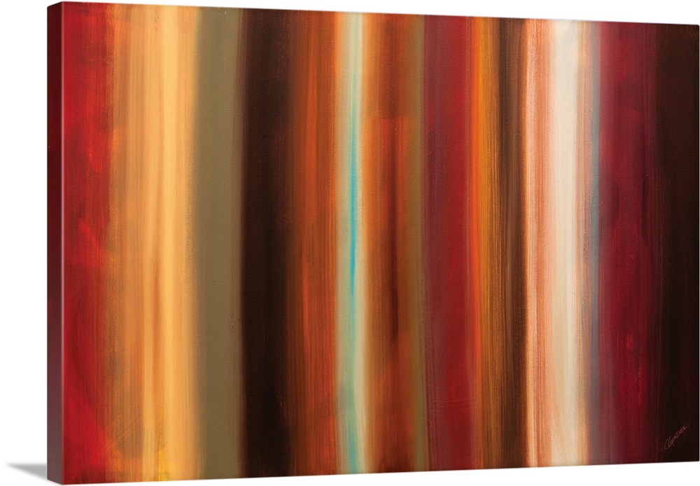 Large abstract painting with vertical brushstroke lines in shades of red, yellow, brown, and orange with two bright blue t...