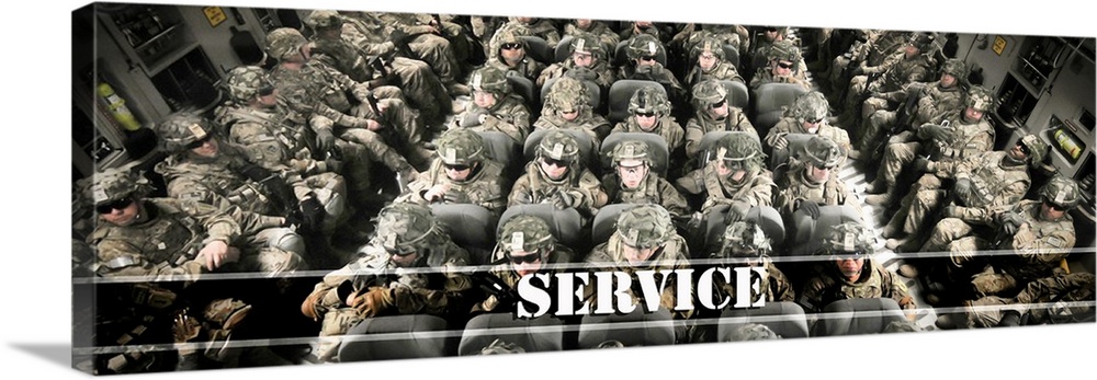 Panoramic photograph of Military Soldiers sitting inside a plane with the word "Service" written across the bottom.