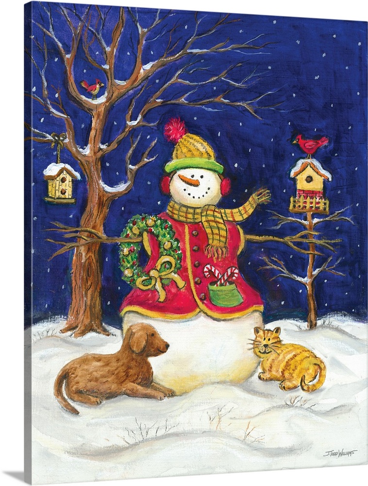 Winter decor with a snowman wearing a red sweater and a wreath hanging on his arm with a cat and a dog laying down in the ...