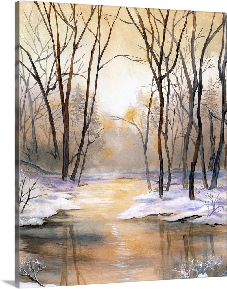 Landscape painting of a river lined with snow and tall bare Winter trees during a golden sunset.