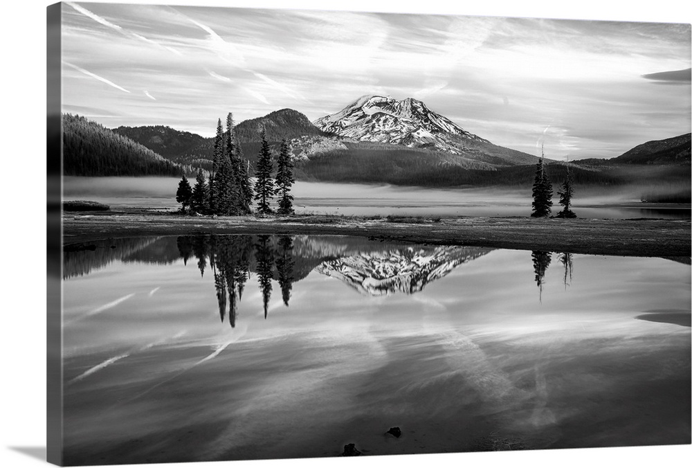 Black and white landscape photograph of Sparks Lake in Oregon with South Sister Mountain in the background.