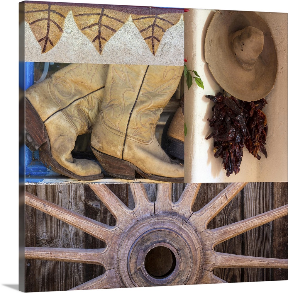 A collage of southwestern themed items, including a wagon wheel, cowboy boots, and a sombrero.