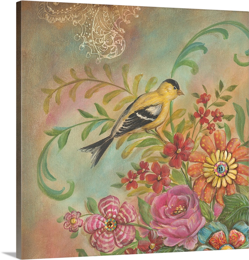 Colorful square painting of a yellow and black bird with flowers.
