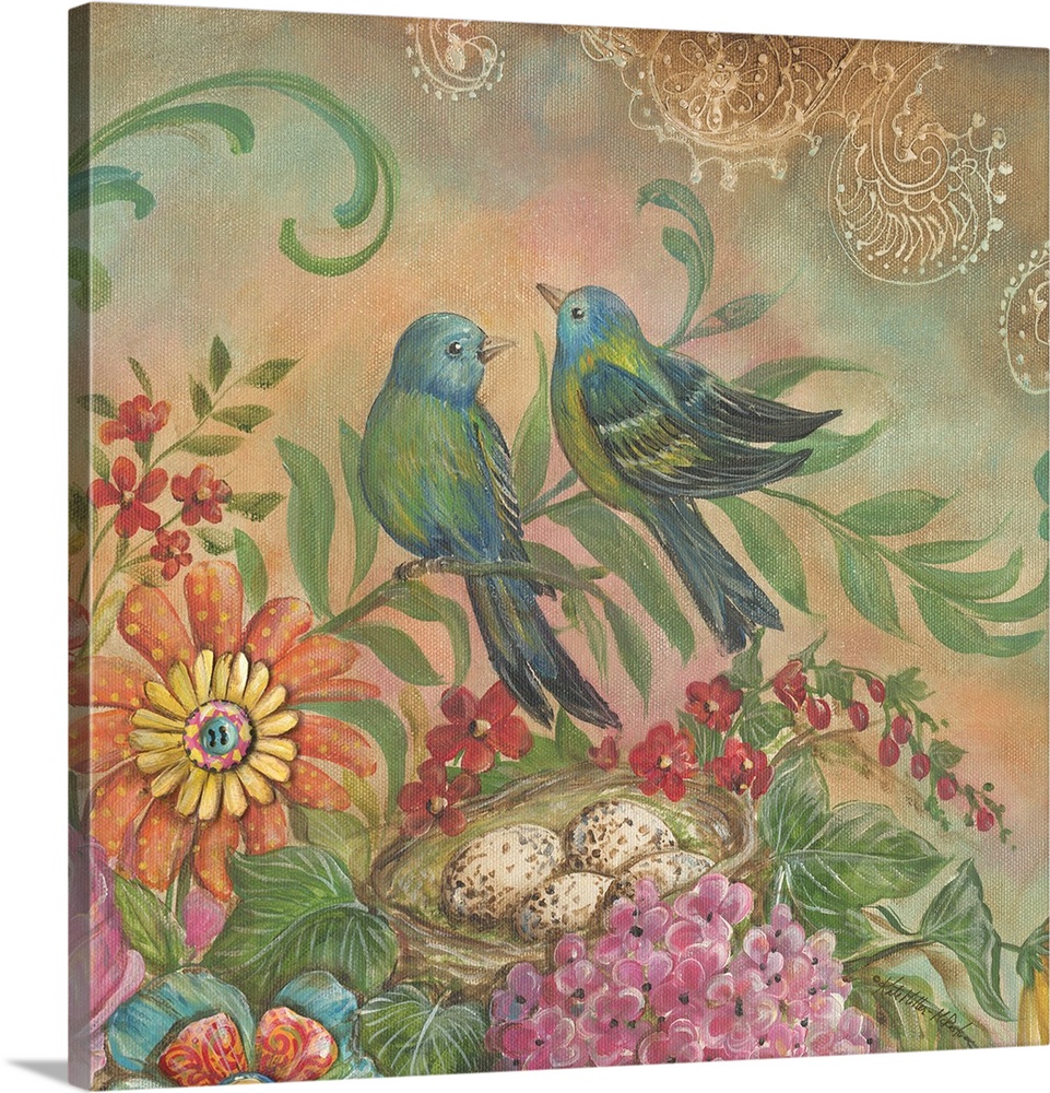 Colorful square painting of two blue, green, and yellow birds with flowers.