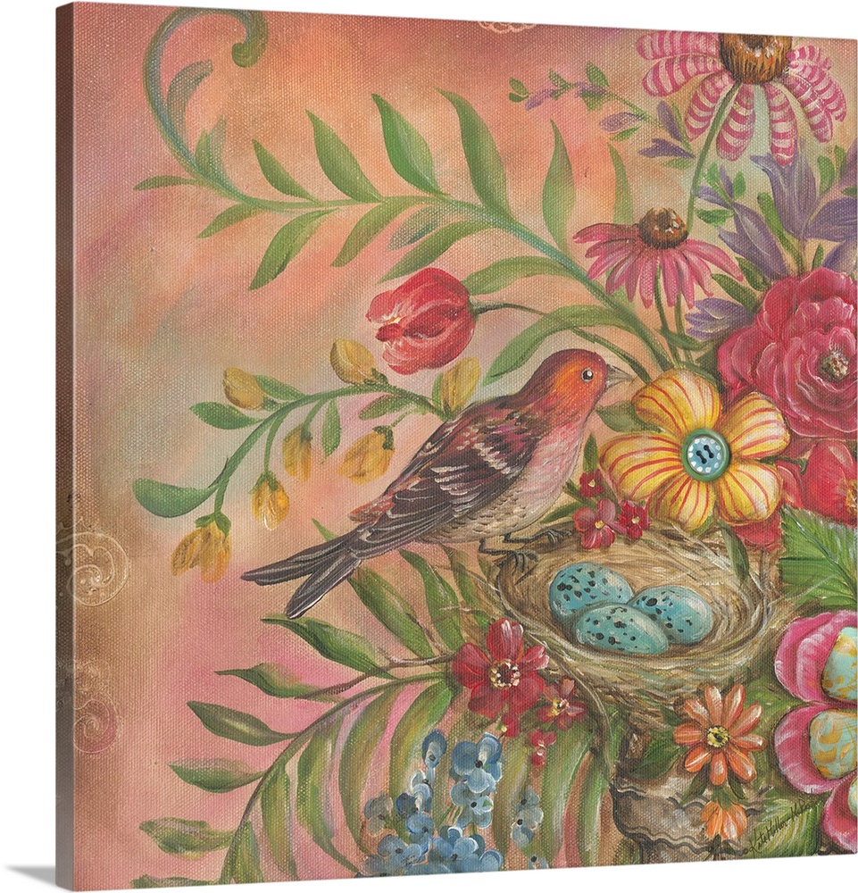 Colorful square painting of a pink, orange, and black bird perched on a birds nest with three eggs in a bundle of flowers.