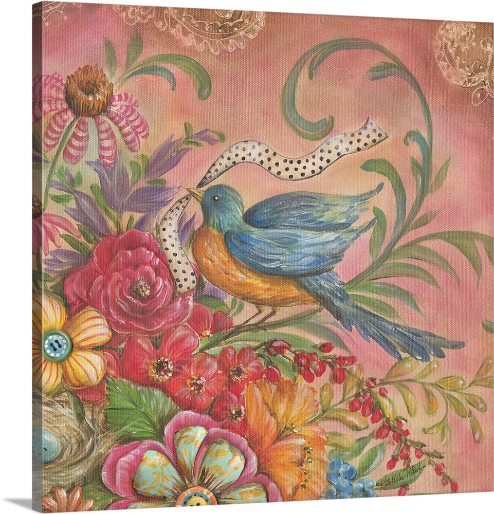 Colorful square painting of an orange and blue bird with a ribbon in its mouth on top of flowers.