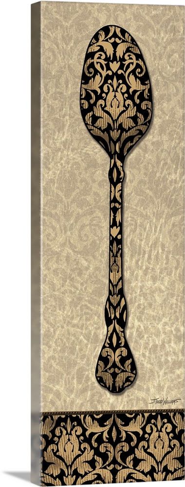 Home decor in brown, black, and gold tones with an illustration of a spoon with a paisley design.