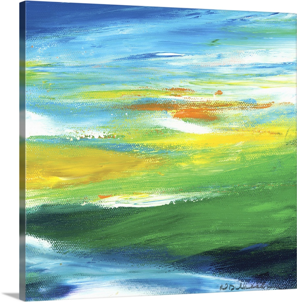 Square abstract painting in shades of blue, green, yellow, orange, and white resembling a Spring landscape.