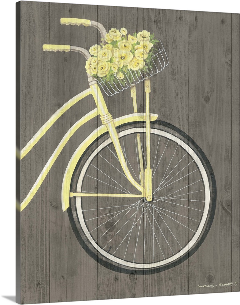 Painting of the front of a pale yellow beach cruiser with a basket filled with yellow flowers on a wooden background.