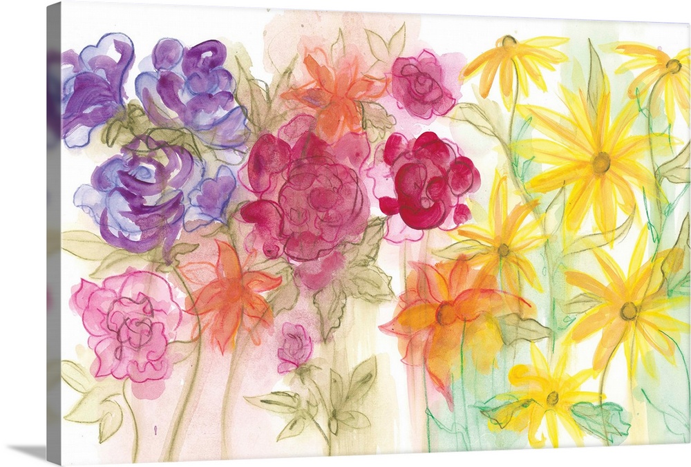 Watercolor painting of a garden of brightly colored flowers in rainbow colors.