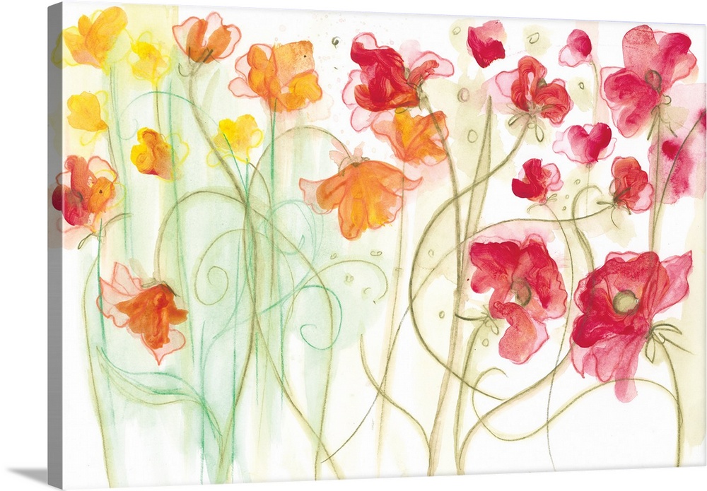 Watercolor painting of a garden of brightly colored flowers with spiraling stems.