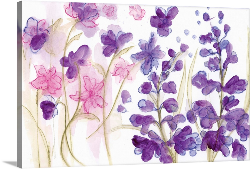 Watercolor painting of a garden of brightly colored purple flowers.