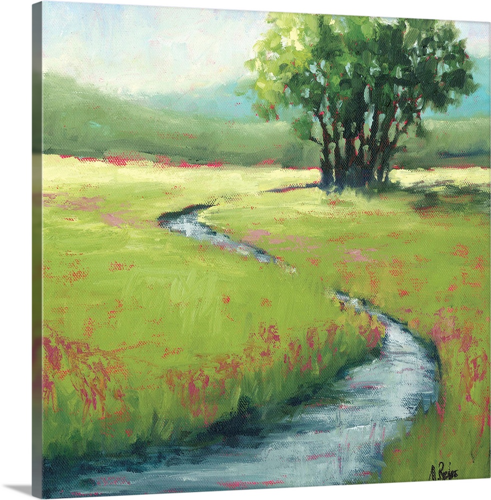 Contemporary painting of a stream running through a rural meadow.