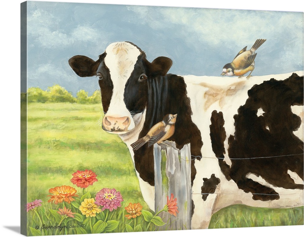 Contemporary painting of a cow with a bird on its back standing in a field behind a wire fence.
