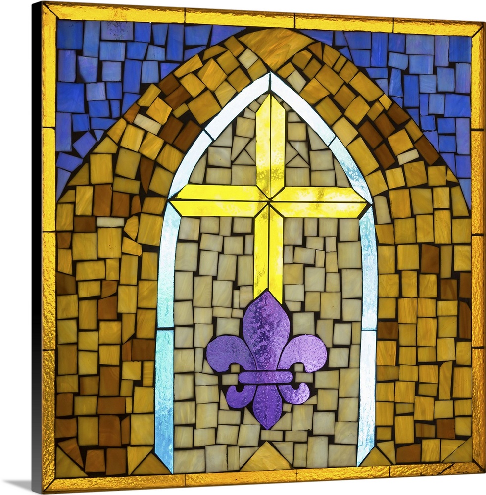 Artwork done in a stained-glass style depicting a cross and fleur-de-lis, symbols of Christianity.