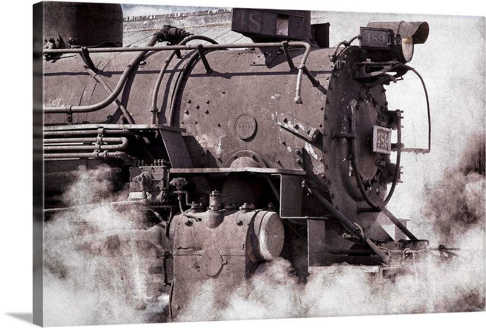 Photograph of details from an old steam locomotive.