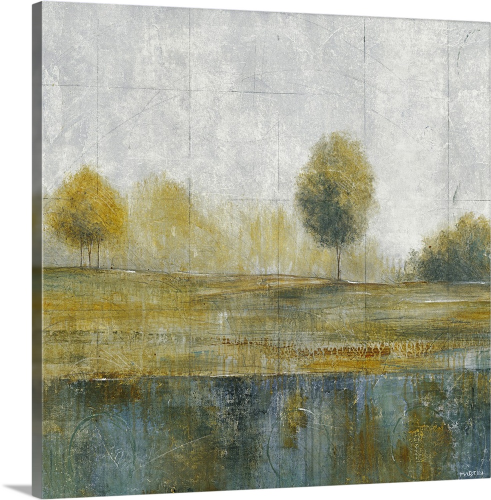 Contemporary artwork showing a line of trees on land with a body of water just below them. There is a grid like texture ov...