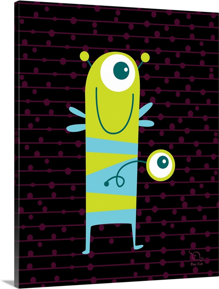 Square illustration of a bright green and blue monster on a black and purple patterned background.