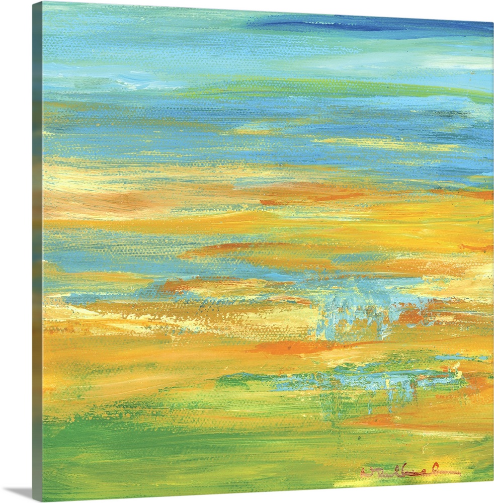 Square abstract painting in shades of orange, yellow, green, and blue resembling a Summer landscape.