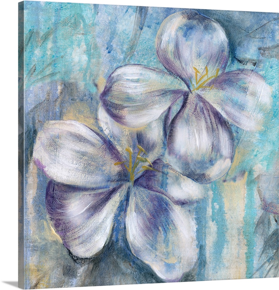 Square painting of two purple and white flowers on a blue and yellow background.