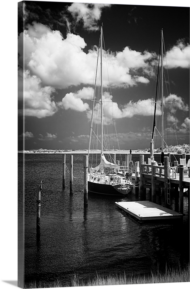 Black and white photograph of docked sailboats on Taylor's Creek in Virginia.